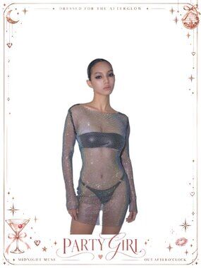 Rhinestone Sheer Mesh Bodycon Mini Dress Long Sleeve V Back Party Clubwear